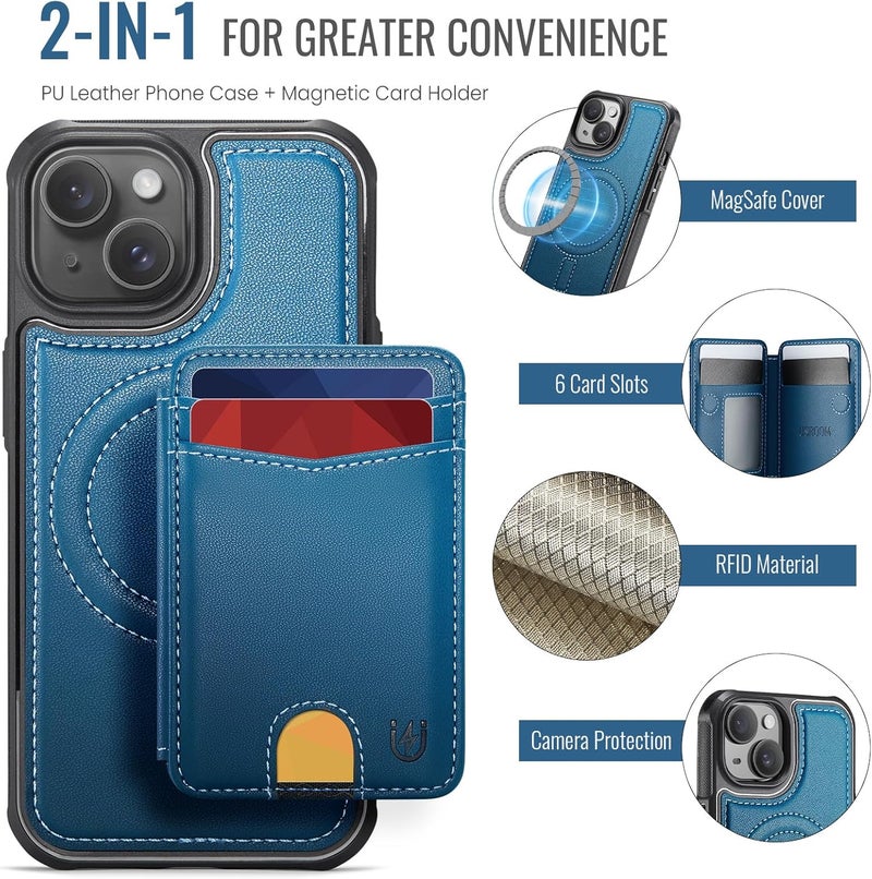 Usroom for iPhone 15 Detachable Wallet Case with Card Holder, 2 in 1 RFID Blocking Credit Slots Kickstand Shockproof Phone Wallet for iPhone 15 6.1" Blue - Image 4